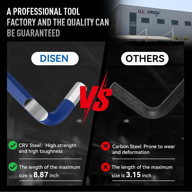 DISEN Hex Key Set, 18 PCS Metric & SAE Size Extra Long Arm Allen Wrench Set with Ball End Color Coding Design, 1.5-10 MM & 1/16-3/8 Inch for Bicycle, Household DIY, Chrome Vanadium Steel - Image 2